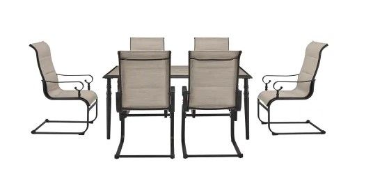 Photo 1 of **INCOMPLETE*MISSING TABLE**Hampton Bay Glenridge Falls 7-Piece Metal Outdoor Dining Set with Wood Finish Table and Rocking Sling Chairs**CHAIRS ONLY**