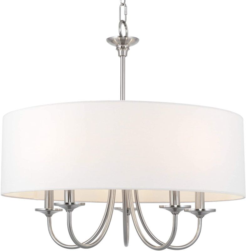 Photo 1 of Kira Home Quinn 21" Traditional 5-Light Chandelier/Adjustable Chain Link Hanging Light + White Linen Drum Shade, Brushed Nickel Finish