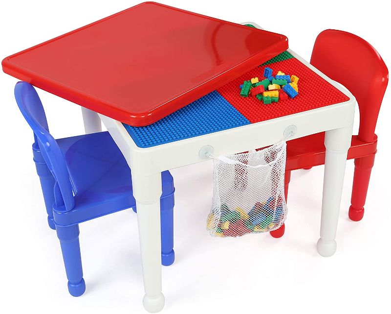 Photo 1 of Humble Crew, White/Blue/Red Kids 2-in-1 Plastic Building Blocks-Compatible Activity Table and 2 Chairs Set, Square, Toddler
