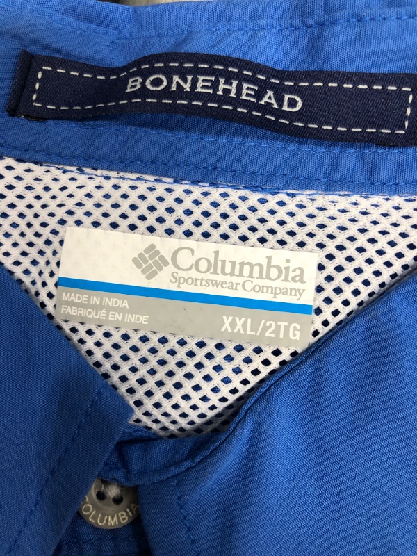 Photo 1 of Columbia Men's Bonehead Icon Short Sleeve Shirt, Vivid Blue/Livin Easy Graphic, XX-Large
