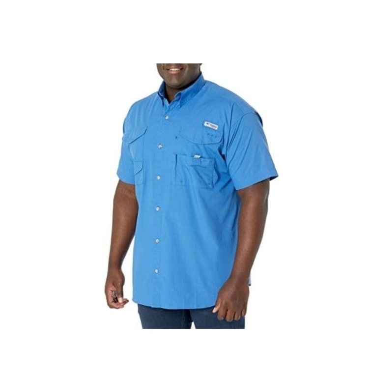 Photo 1 of Columbia Men's Bonehead Icon Short Sleeve Shirt, Vivid Blue/Livin Easy Graphic, XX-Large
