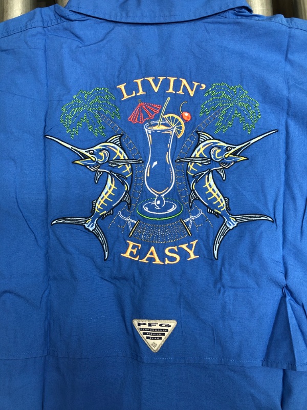 Photo 4 of Columbia Men's Bonehead Icon Short Sleeve Shirt, Vivid Blue/Livin Easy Graphic, XX-Large
