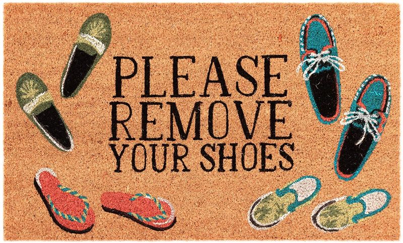 Photo 1 of "Please Remove Your Shoes" Natural Outdoor Welcome Coir Door Mat, 1 ft 6 in x 2 ft 6