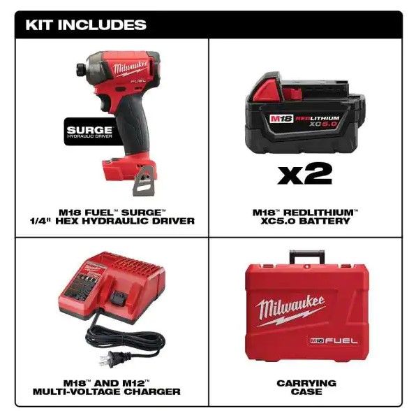 Photo 1 of M18 FUEL SURGE 18-Volt Lithium-Ion Brushless Cordless 1/4 in. Hex Impact Driver Compact Kit with Two 5.0 Ah Batteries...
**Product Is Brand New** - **Retail Packaging Maybe Opened or Damaged**