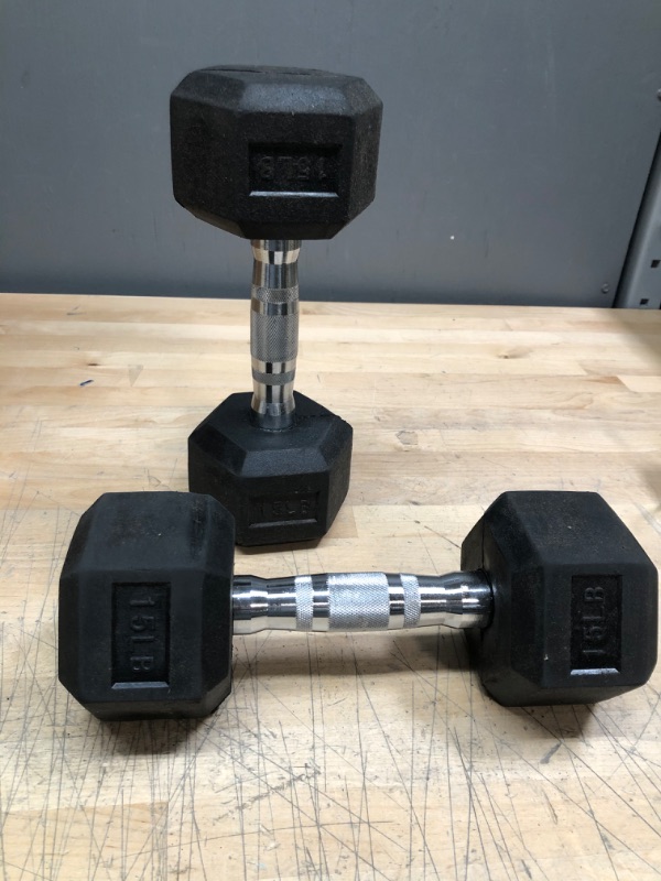 Photo 3 of 15 lb Black Hex Rubber Dumbbell Weight With 360 Degree Welded Cast-iron Core
2 weights