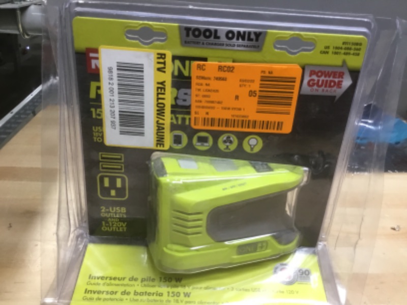 Photo 1 of RYOBI
150-Watt Power Inverter for ONE+ 18V Battery (Tool Only)
