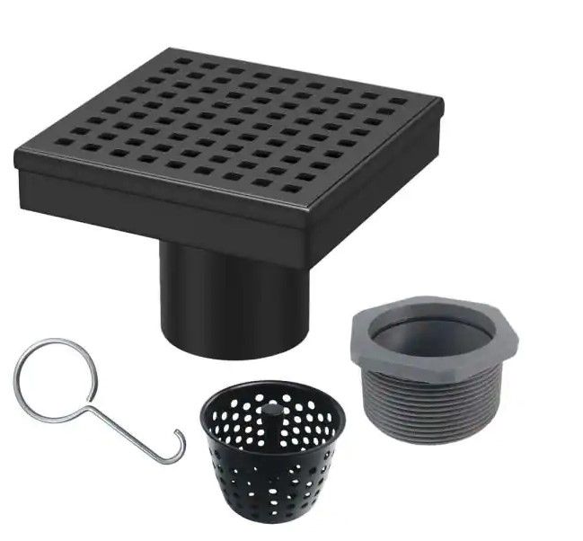 Photo 1 of 4 in. x 4 in. Matte Black Square Shower Drain with Square Pattern Drain Cover
