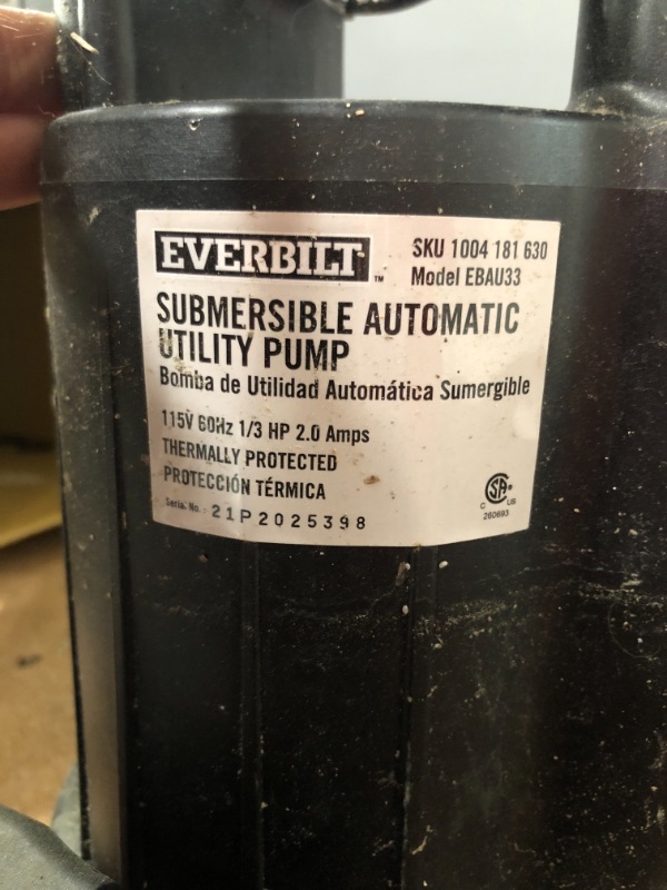 Photo 5 of **DOES NOT TURN ON WHEN PLUGGED IN** Everbilt 1/3 HP Automatic Utility Pump