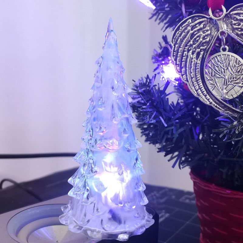 Photo 1 of 2021 Christmas Tree Light 5" Acrylic Mini Christmas Tree Desktop Decor Ornaments Christmas Village Accessories Battery Operated Figurines Decor - 3 PACK
