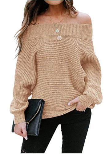 Photo 1 of Foshow Womens Off Shoulder Batwing Sleeve Pullover Oversized Ribbed Knit Sweaters Casual Sexy Slouchy Jumper Tunic Tops (Small)
