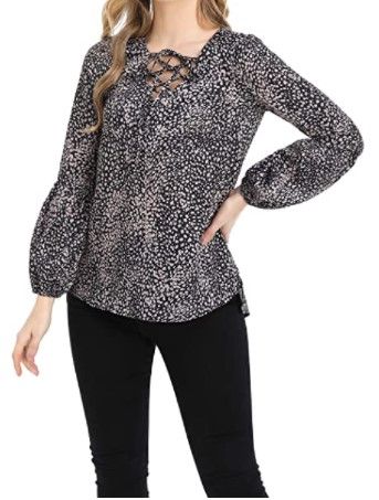 Photo 1 of Women's Leopard Print Long Sleeve Lace up V Neck High Low Blouse Top (XL)
