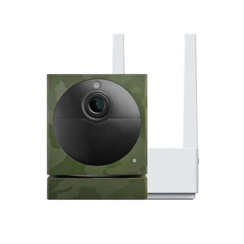 Photo 1 of WYZE Wireless Outdoor Surveillance Security Camera with Green Camo Dbrand Skin, Includes Base Station, White
