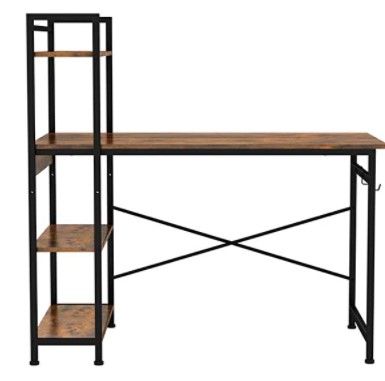 Photo 1 of Computer Desk with 4 Tier Shelves for Home Office, 47" Writing Study Table with Bookshelf, Multipurpose Industrial Wood Desk Workstation with Metal Frame for PC Laptop, Rustic Brown