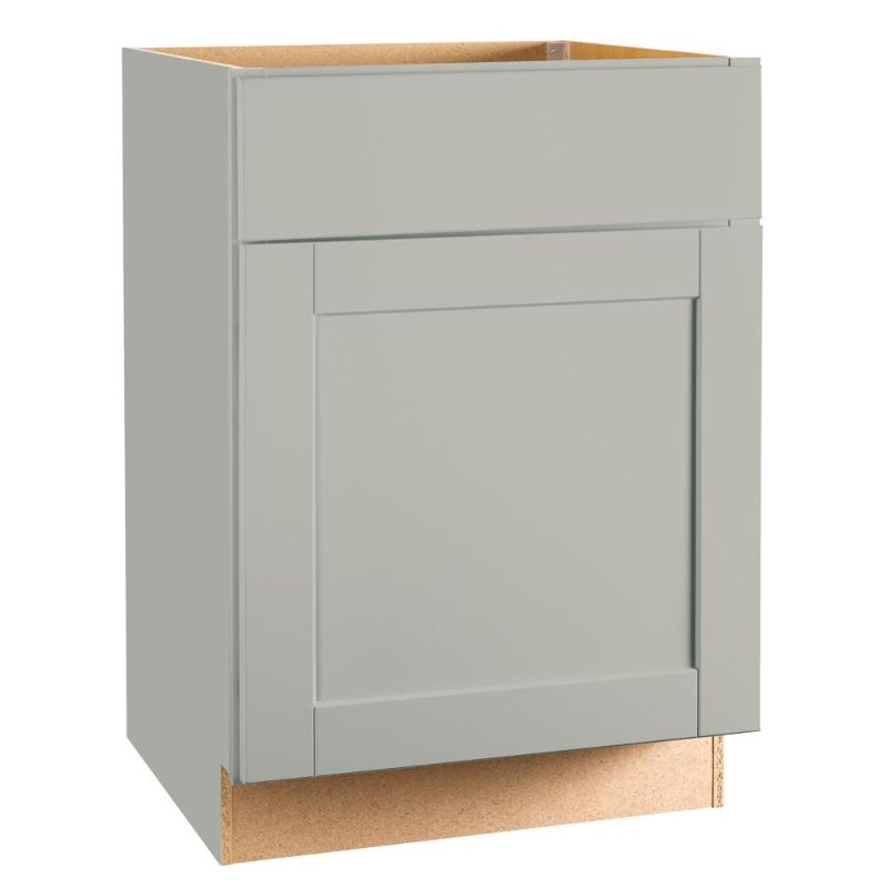 Photo 1 of **SIDE OF CABINET HAS MINOR DAMAGE**
Hampton Bay Shaker Dove Gray Stock Assembled Base Kitchen Cabinet with Ball-Bearing Drawer Glides (24 in. X 34.5 in. X 24 in.)
