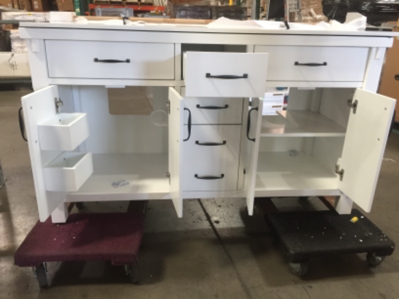 Photo 6 of **WOODEN PANEL ON BACK OF SINK HAS SMALL CRACK, REFER TO PHOTO**
COUNTER IS DETACHED ON SIDE , REFER TO PHOTO**
Home Decorators Collection
Bellington 60 in. W Bath Vanity in White with Engineered Stone Vanity Top in White with White Basins