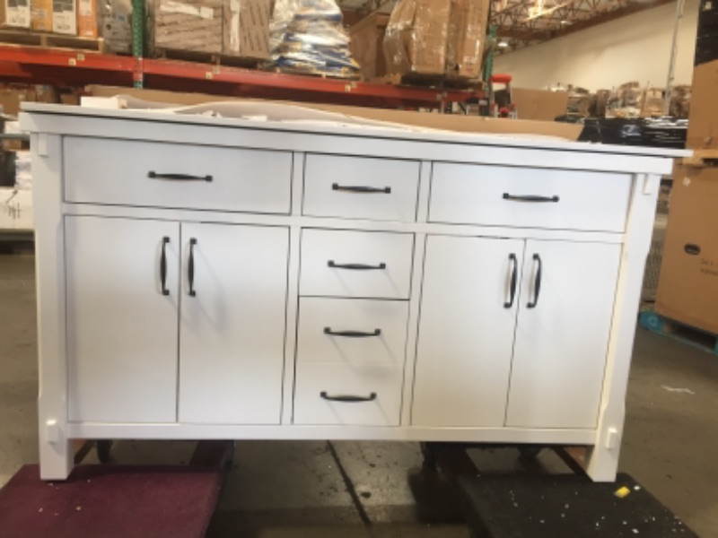 Photo 10 of **WOODEN PANEL ON BACK OF SINK HAS SMALL CRACK, REFER TO PHOTO**
COUNTER IS DETACHED ON SIDE , REFER TO PHOTO**
Home Decorators Collection
Bellington 60 in. W Bath Vanity in White with Engineered Stone Vanity Top in White with White Basins