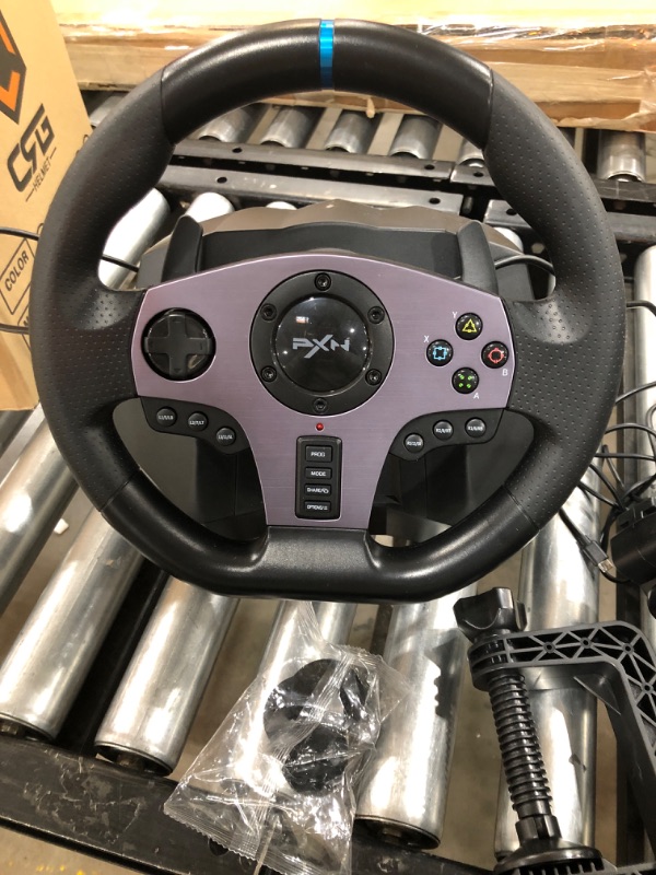 Photo 3 of parts only turns on but turns right back off
USED**MISSING JOYSTICK**PXN V9 PC Racing Wheel, 270/900° Game Steering Wheel Dual-Motor Feedback Driving with Pedals and Joystick Steering Wheel for PC/Xbox /Xbox One/PS3/PS4/PC/Xbox One/N-Switch
