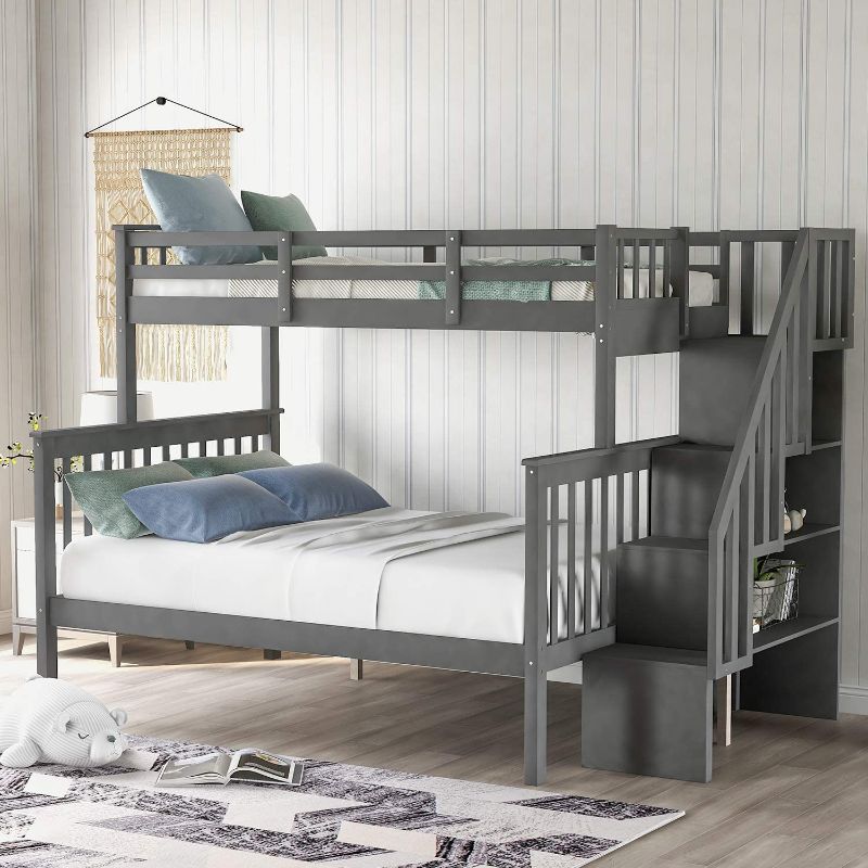 Photo 1 of INCOMPLETE: ACHICOO Stairway Twin-Over-Full Bunk Bed with Storage and Guard Rail for Bedroom, Dorm, for Kids, Adults, Gray Color
This is box 3 of 3, boxes 1 & 2 needed to complete bed frame! 91.73"L x 51.57"W x 61.4"H