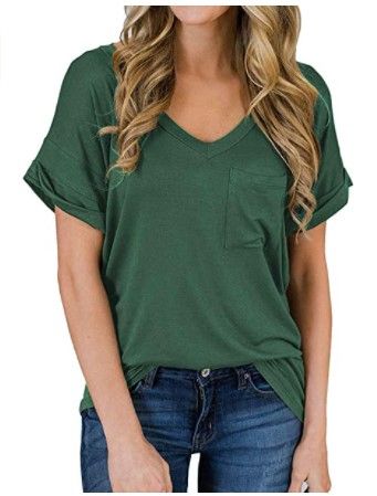 Photo 1 of TOBRIEF WOMEN'S SHORT SLEEVE V-NECK SHIRTS LOOSE CASUAL TEE T-SHIRT WITH POCKET (LARGE)
