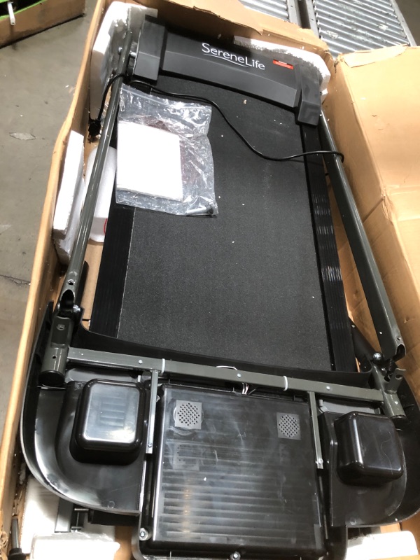 Photo 3 of ***USED, HARDWARE LOOSE IN BOX*** SereneLife SLFTRD26BT - Folding Treadmill Motorized Running Machine - 12 Pre-set Program, 1.0 HP Power, Max Speed 6.0 MPH, 3 In. LCD Display & Mobile Phone/Tablet for Indoor Exercise
