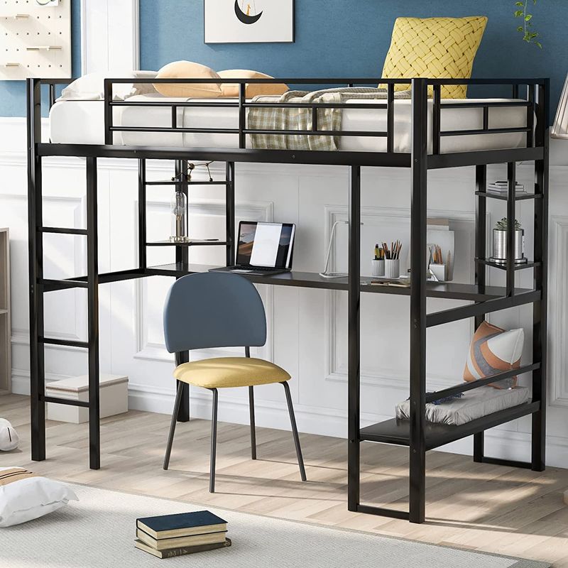 Photo 1 of **INCOMPLETE SET**BOX 1 OUT OF 2 BOXES** Twin Loft Beds Metal Bed Frame Loft Bed with Desk and Storage Shelves, Twin Size Loft Bed for Dorm, Boys & Girls Teens Kids, Black
