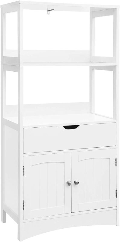 Photo 1 of **MINOR DAMAGE** VASAGLE Bathroom Storage Cabinet with Drawer, 2 Open Shelves and Door Cupboard, Large Floor Cabinet in The Entryway Kitchen, White UBBC64WT
