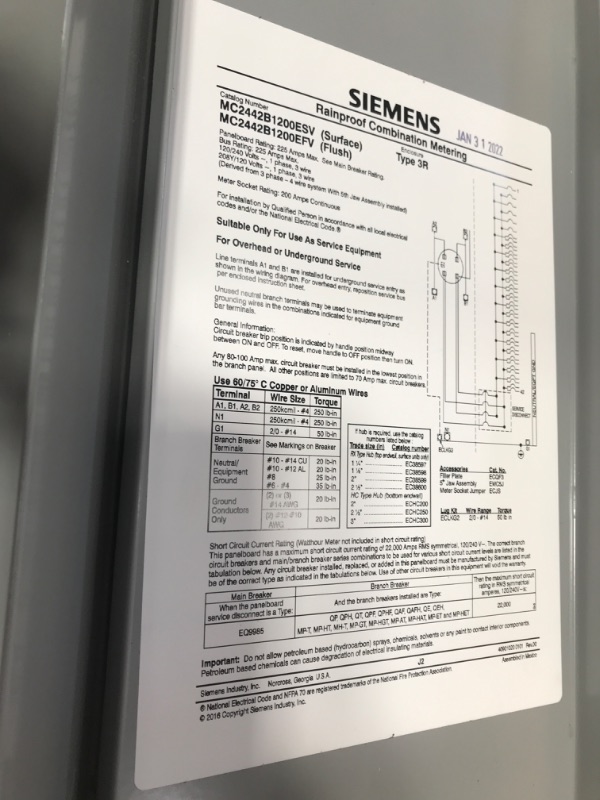 Photo 4 of **LIGHT DAMAGE** Siemens MC2442B1200EFV Meter-Load Center Combination, 24 Space, 42 Circuit, 200-Amp, Flush Mount Solar Ready
