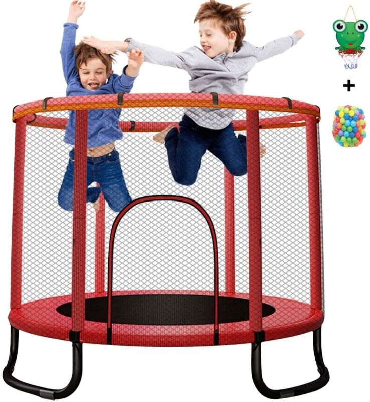 Photo 1 of JOY4KIDZ New Trampoline for Kids Indoor & Outdoor with Safety Enclosure with Mini Basketball Hoop, Ball Pit, for Baby, Toddler, Kids Trampoline Toys, Age 1-6
