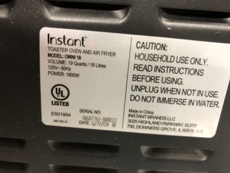 Photo 1 of 8Tested/Minor Cosmetic Damage-See Last Photo* Instant Omni Air Fryer Toaster Oven Combo 19 QT/18L, From the Makers of Instant Pot, 7-in-1 Functions, Fits a 12" Pizza Oven, 6 Slices of Bread, App with Over 100 Recipes, Black Finish 19QT OMNI Toaster Oven