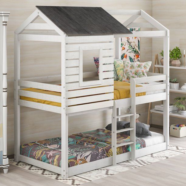 Photo 1 of **INCOMPLETE BOX 1 OF 2**
Twin Over Twin Bunk Bed Wood Loft Bed With Roof, Window, Guardrail, Ladder For Kids, Teens, Girls, Boys ( white)
