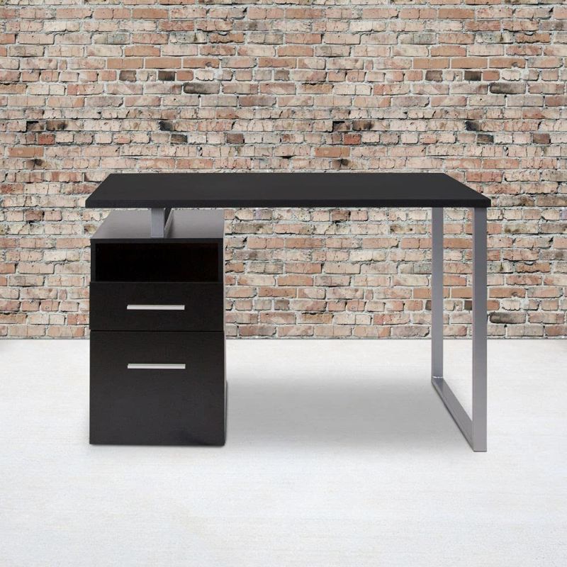 Photo 1 of Flash Furniture Harwood Dark Ash Wood Grain Finish Computer Desk with Two Drawers and Silver Metal Frame
