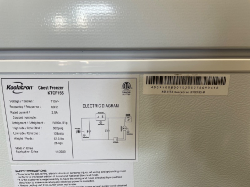 Photo 4 of ***PARTS ONLY*** Koolatron KTCF155 5.5 Cubic Foot (155 Liters) Chest Freezer with Adjustable Thermostat
