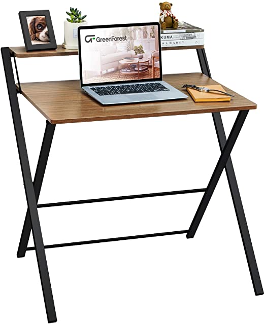 Photo 1 of GreenForest Folding Desk No Assembly Required, 2-Tier Small Computer Desk with Shelf Space Saving Foldable Table for Small Spaces, Espresso
