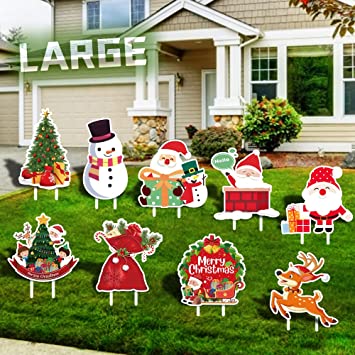 Photo 1 of 4 PACK: Christmas Decorations Outdoor Yard Signs with Stakes, 9Pack Large Yard Sign for Garden Lawn Decor, Colourful Creative Christmas Lawn Sign for Xmas Tree Garden Home
