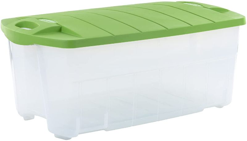 Photo 1 of **DAMAGED** Rubbermaid 28 Gallon Jumbo Clear Tote, Pack of 2, Stackable, Large Capacity, Clear Bins/Bright Green Lids, Home, Garage, and Office Storage Organizer, Durable Snap-Tight Lids
