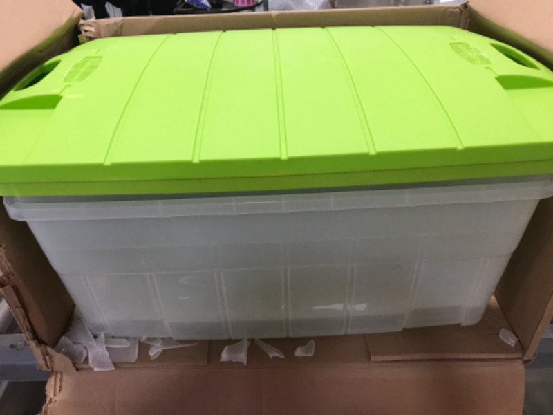 Photo 2 of **DAMAGED** Rubbermaid 28 Gallon Jumbo Clear Tote, Pack of 2, Stackable, Large Capacity, Clear Bins/Bright Green Lids, Home, Garage, and Office Storage Organizer, Durable Snap-Tight Lids
