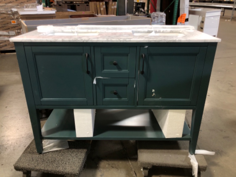 Photo 2 of Home Decorators Collection Sherway 49 in. W x 22 in. D Bath Vanity in Antigua Green with Marble Vanity Top in Carrara White with White Basins