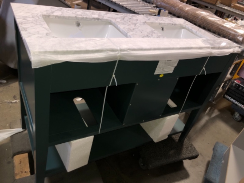 Photo 5 of Home Decorators Collection Sherway 49 in. W x 22 in. D Bath Vanity in Antigua Green with Marble Vanity Top in Carrara White with White Basins