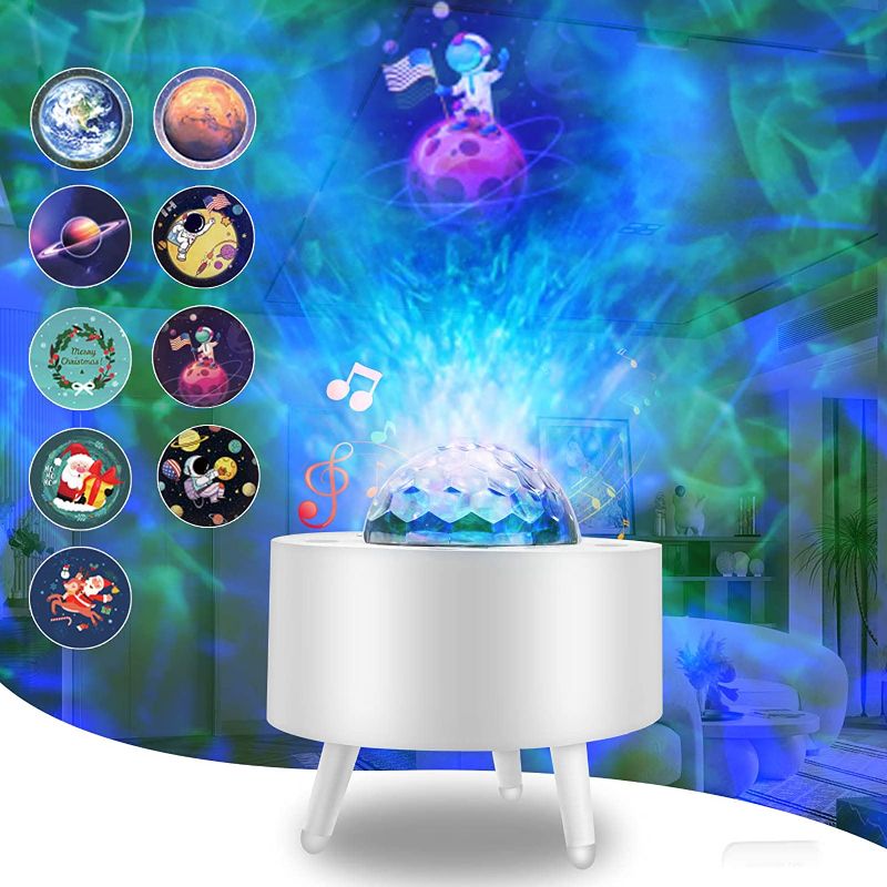 Photo 1 of Star Projector Night Light, Light up Ceiling with Ocean Wave, Bluetooth Music Speaker, Galaxy Projector LED Lamps with Christmas/Astronaut/Planet Projection, Gifts for Kids, Bedroom, Party(White)
