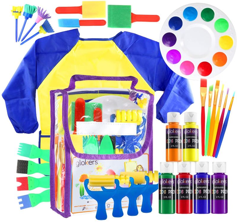 Photo 1 of Glokers Early Learning Kids Paint Set, 30 Piece Mini Flower Sponge Paint Brushes. Assorted Painting Drawing Tools in a Clear Durable Storage Pouch. Including 6 Washable Kids Paint Made in USA
