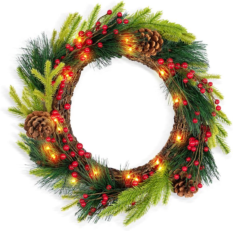 Photo 1 of **SET OF 2**
Yaqew Christmas Wreaths with Lights for Front Door and Windows, Winter Artificial Wreaths with Red Berries, Pine Cones, Pine Needles, Lighted Christmas Wreath for Outdoor Indoor Decorations 18"
