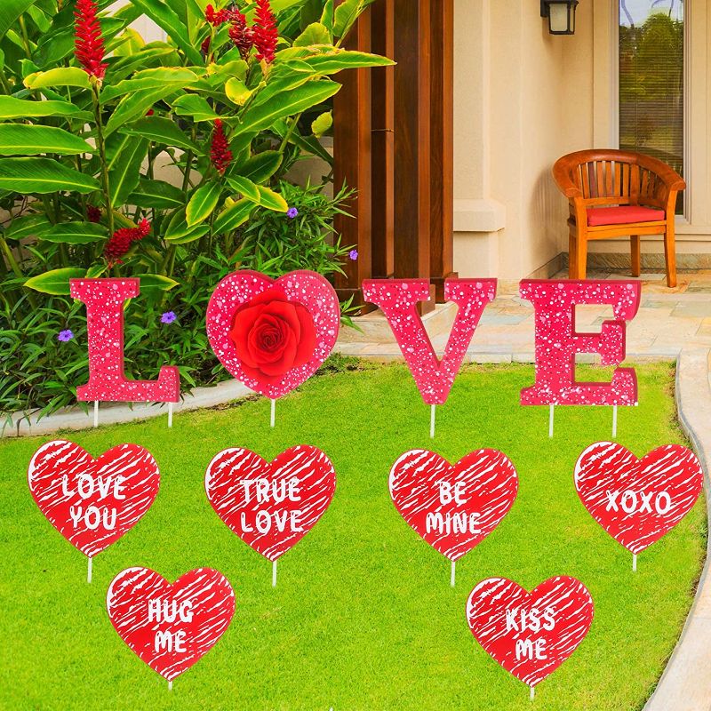 Photo 1 of Haconba 10 Pack Valentine's Day Yard Signs Romantic Heart Shape Yard Stakes Garden Signs for Valentine's Day Wedding Engagement Anniversary Lawn Yard Garden Patio Outdoor Decor
