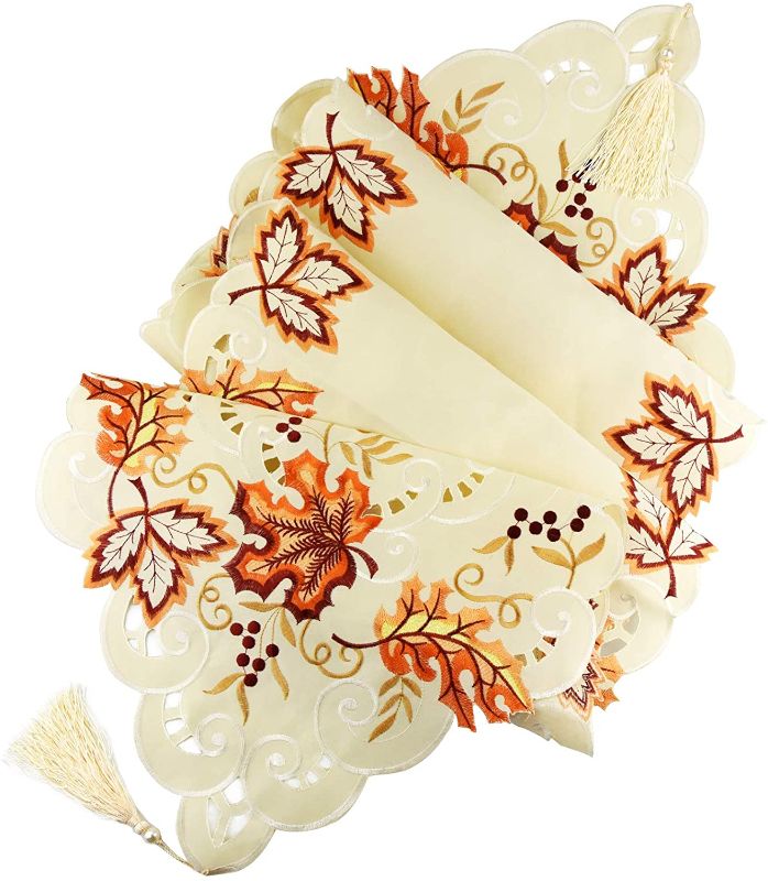 Photo 1 of **set of 2**
Marrywindix Maple Leaves Table Runner, Embroidery Hollow European Table Runner with Hanging Tassel for Fall Thanksgiving Christmas Wedding Party Decoration (15 x 69 Inch)
