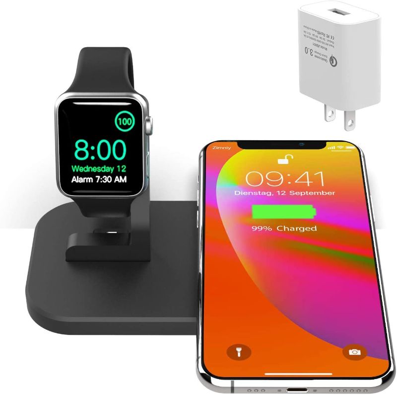 Photo 1 of 2 in 1 Metal Wireless Charger, iPhone iwatch Charging Station for iPhone13/13 pro/12/12 pro/11/11 pro/X/Xs/Xs MAX/8 Plus/8,Charging Stand for iWatch 6/5/4/3/2(Matte Black)