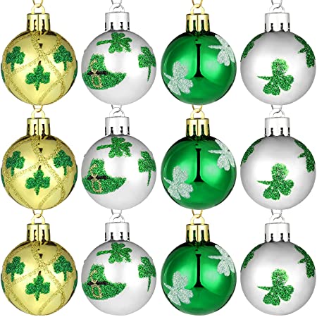 Photo 1 of ** SETS OF 3** ** SIMILAR OBJECT ITEMS** NO REFUNDS 
Chuangdi 12 Pieces St. Patrick Ball Box Ornament Plastic Hanging Bauble with Shamrock Clover for Tree Baubles Table Shelf Festival Decorations, 4 Styles
