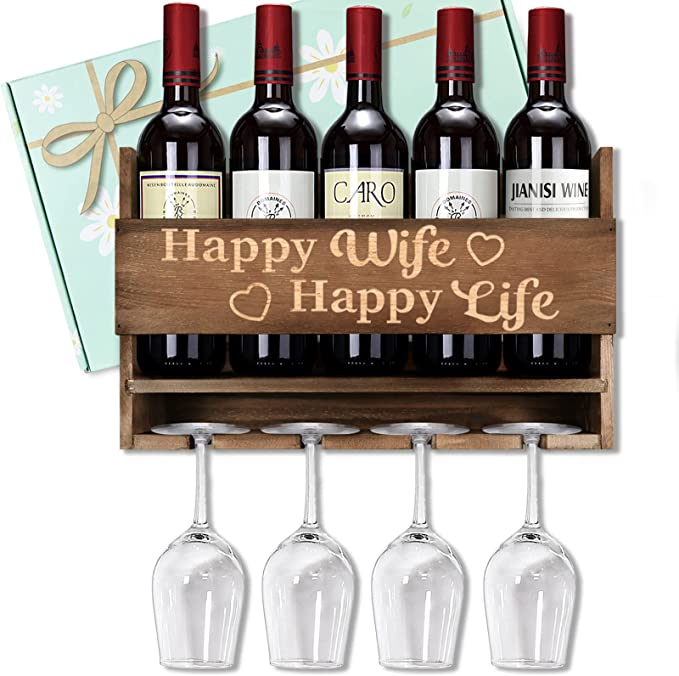 Photo 1 of ** SAME DESIGN , DIFFERENT WORDS** 
Wall Mounted Wine Rack & Wine Glasses Holder with Unique Blessing/Fun Message, Happy Wife Happy Life, Gift for Wife, for Your Loved One, Brown
