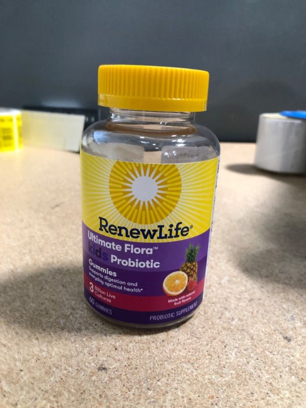 Photo 2 of ** EXP: 04/2022**   ** NON-REFUNDABLE**
Renew Life Kids Probiotic - Ultimate Flora Kids Probiotic Gummies Probiotic Supplement- Dairy & Soy Free - 3 Billion CFU - Fruit Flavor, 60 Chewable Gummies
