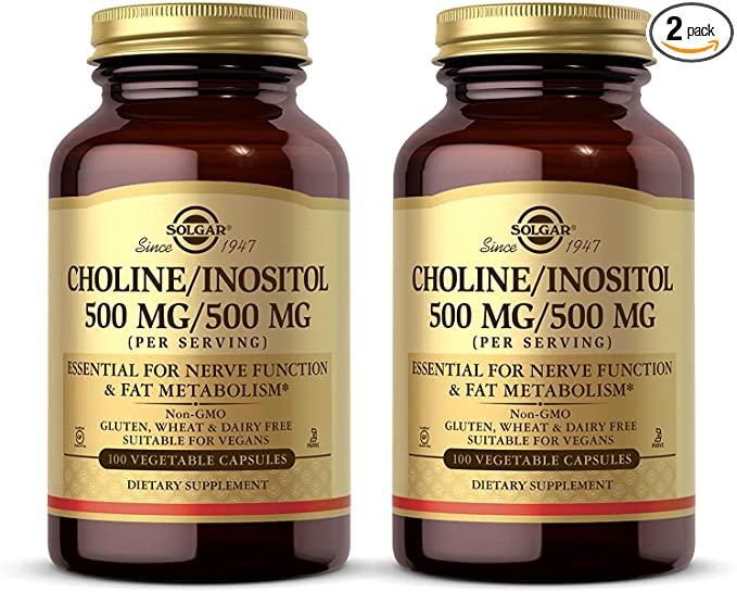 Photo 1 of ** EXP: 07/2024**** NO REFUNDS 
Solgar Choline/Inositol 500 mg/500 mg, 100 Vegetable Capsules - Pack of 2 - Energy Metabolism, Liver Health, Brain & Nerve Function - Non-GMO, Vegan, Gluten Free, Dairy Free - 100 Total Servings
