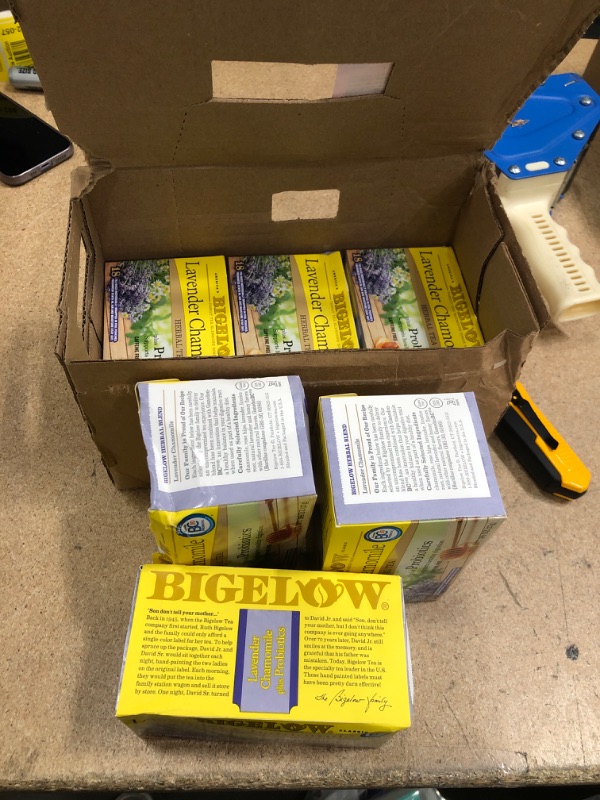 Photo 2 of ** EXP; JAN 2022**  NONREFUNDABLE** SOLD AS IS**
Bigelow Tea Lavender Chamomile Plus Probiotics Herbal Tea Bags, 18 Count Box (Pack of 6) Caffeine-Free Herbal Tea, 108 Tea Bags Total
