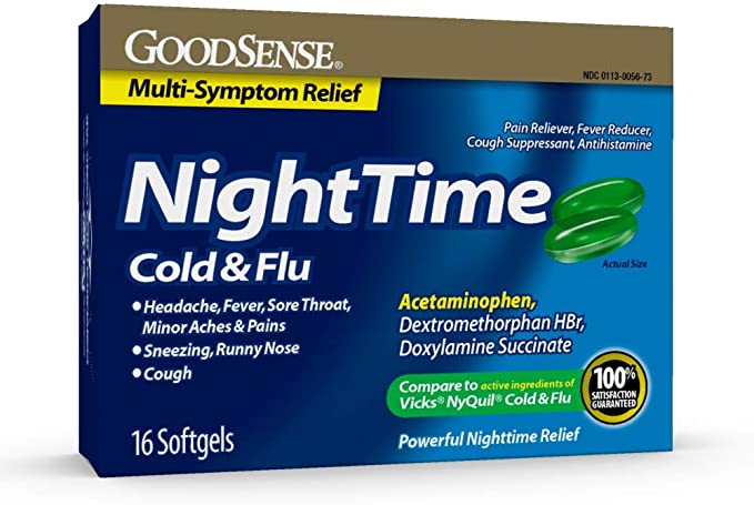 Photo 1 of ** SETS OF 5**  EXP: 05/2022** NON-REFUNDABLE** SOLD AS IS*8
GoodSense Nighttime Cold & Flu Softgels, Relieves Aches and Pains Related to Cold & Flu, 16 Count (Pack of 1)
